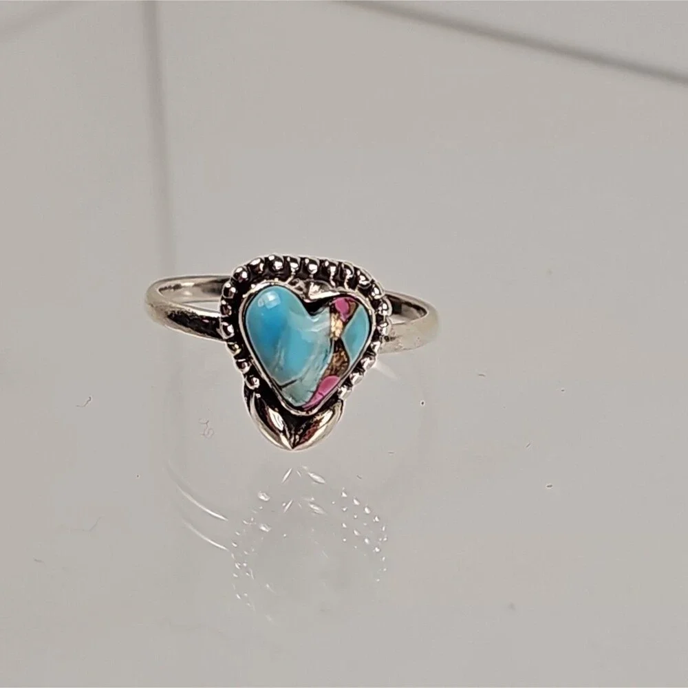 Cotton Candy Dahlia 925 Sterling Silver Turquoise Multicolor Heart Ring
